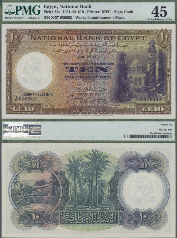 Egypt: National Bank of Egypt 10 Pounds 1940, P.23a, signature Cook, PMG graded ...