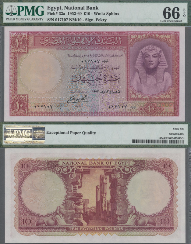 Egypt: National Bank of Egypt 10 Pounds 1952, P.32a, signature Fekry, PMG graded...