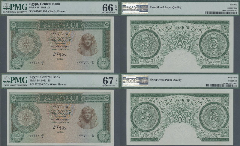 Egypt: Central Bank of Egypt consecutive pair of 5 Pounds 1961, P.38, serial num...