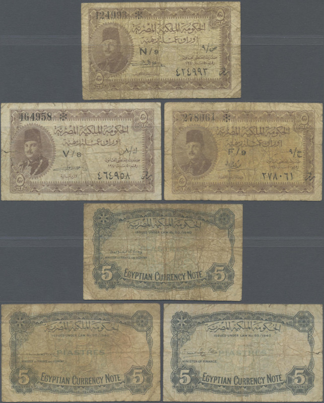 Egypt: Royal Government of Egypt, set with 3 banknotes 5 Piastres Law N°50/1940,...