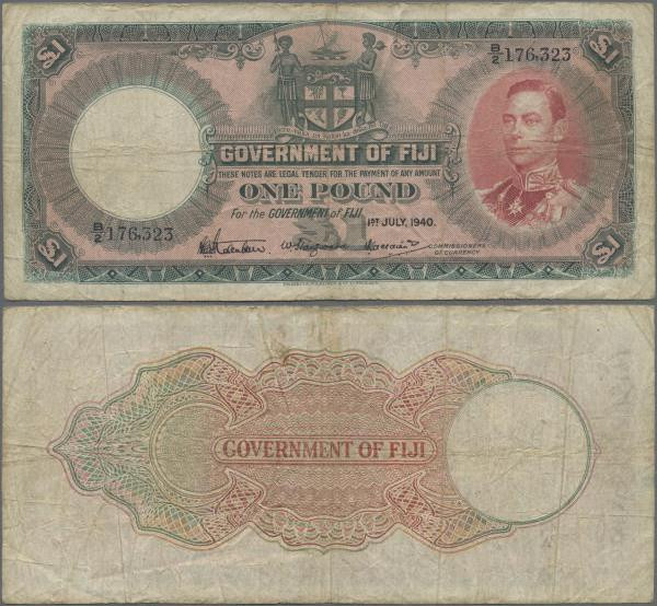 Fiji: Government of Fiji 1 Pound 1940, P.39c, minor margin splits, stained paper...