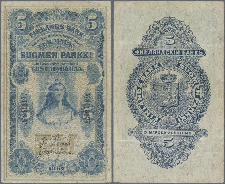 Finland: 5 Markkaa 1897, P.2, very nice note without larger damages, just a few ...