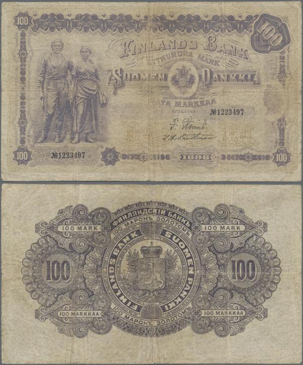 Finland: 100 Markkaa 1898, P.7c, still nice and rare banknote, tiny border tears...