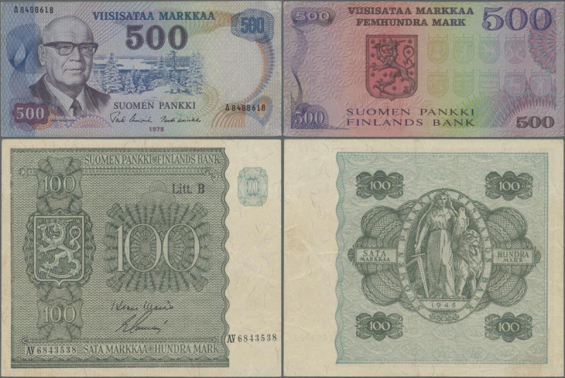 Finland: Pair with 100 Markkaa 1945 Litt.B, P.88 (VF) and 500 Markkaa 1975 P.110...