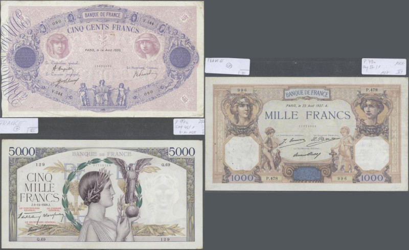 France: set of 12 large size banknotes containing 500 Francs 1920 P. 66h (F), 50...