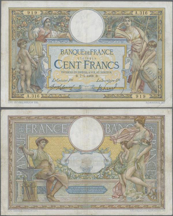 France: Banque de France 100 Francs 1908 with ”LOM 02” on the bale at lower righ...