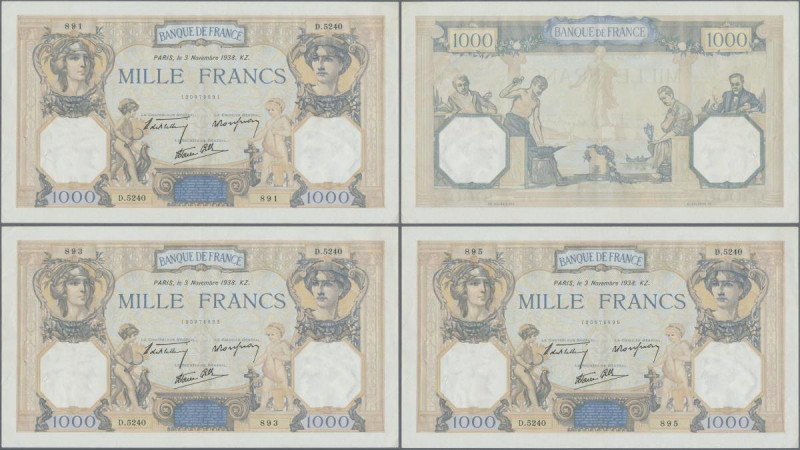 France: set of 3 nearly consecutive notes of 1000 Francs 1938 P. 90, S/N 1309788...
