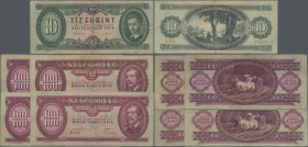 Hungary: Magyar Nemzeti Bank, lot with 5 banknotes series 1949, with 10 Forint (P.164, VG/F-) and 4x 100 Forint (P.166, F to F+). (5 pcs.)
 [differen...