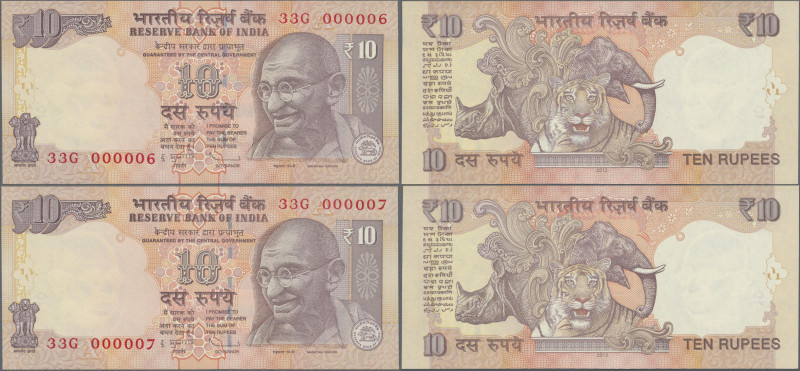 India: Reserve Bank of India, set with 10 banknotes 10 Rupees 2013, plate letter...