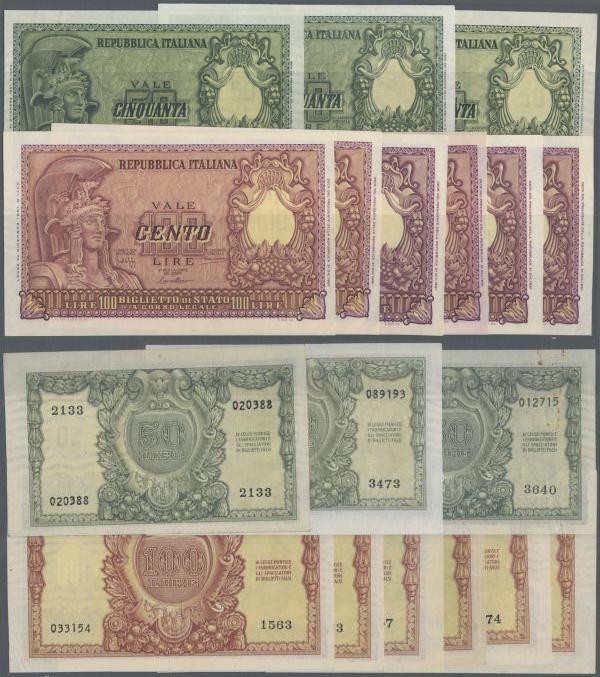 Italy: set of 10 pcs containing 3x 50 Lire 1951 P. 91 (pressed VF & XF) and 7x 1...