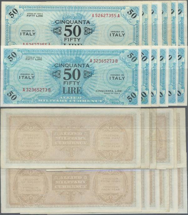 Italy: larger lot of 13 notes Allied Military Currency 50 Lire 1943A P. M20, in ...