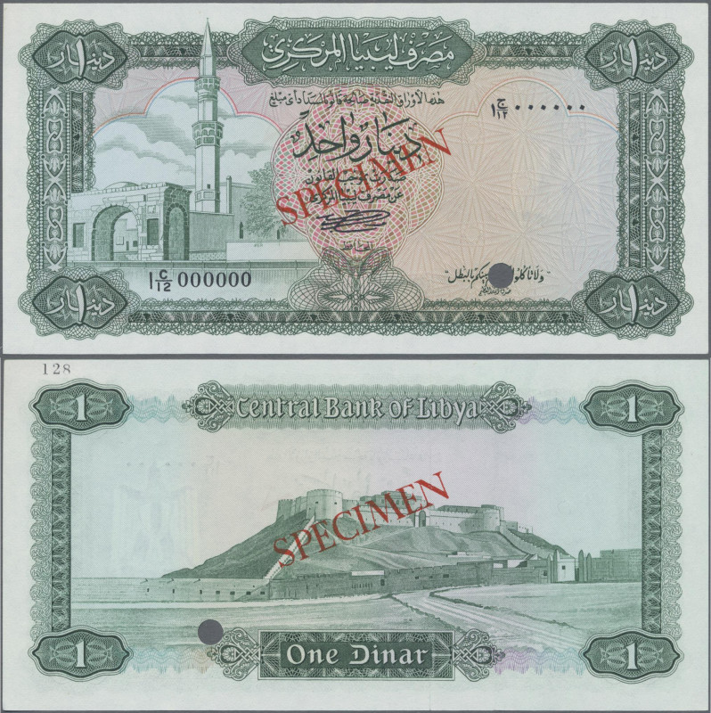 Libya: Central Bank of Libya 1 Dinar color trial SPECIMEN in green instead of bl...