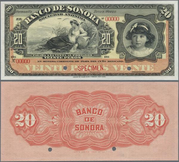 Mexico: El Banco de Sonora 20 Pesos 1899-1911 SPECIMEN, P.S421s, punch hole canc...