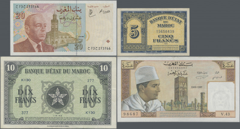 Morocco: Lot with 8 banknotes Banque d'État du Maroc, Banque du Maroc & Bank Al-...