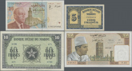Morocco: Lot with 8 banknotes Banque d'État du Maroc, Banque du Maroc & Bank Al-Maghrib, comprising 100 Francs 1938 (P.20, F-), 5 Francs 1941 (P.23Ab,...