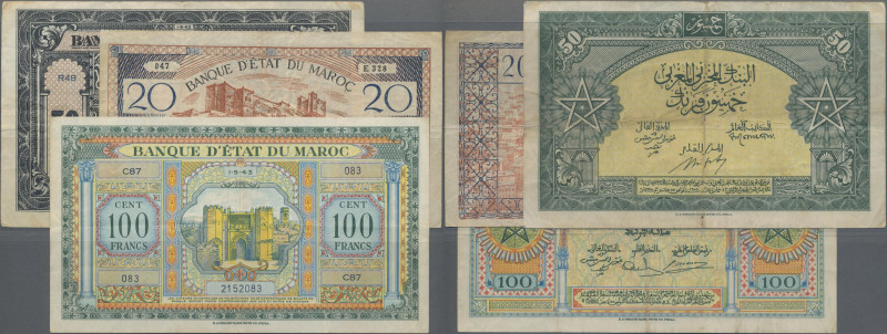 Morocco: Banque d'État du Maroc set with 3 banknotes comprising 20 Francs ND(194...