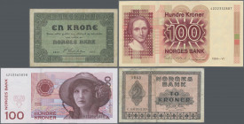 Norway: Norges Bank, set with 11 banknotes containing 1 Krone 1917 (P.13, F+), 1 Krone 1941 (P.15, F-), 2 Kroner 1943 (P.16, F), 3x 10 Kroner 1976, 19...