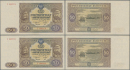 Poland: Narodowy Bank Polski pair of the 50 Zlotych 1946, P.128 with consecutive serial numbers K6883319 and K6883320, both in a very nice XF conditio...