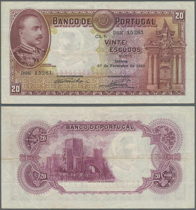 Portugal: 20 Escudos 1940 P. 143, used with folds in paper but no holes or tears...