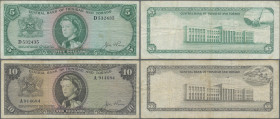 Trinidad & Tobago: Pair with 5 and 10 Dollars of the L.1964 issue, both with signature: J. F. Pierce, P.27a, 28a in about Fine condition with handling...