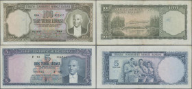 Turkey: Pair with 5 Lira L.1930 (1951-61) P.173 (VF) and 100 Lira L.1930 (1951-61) P.169 (F/F+). (2 pcs.)
 [differenzbesteuert]