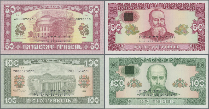 Ukraina: Pair with the unissued 50 and 100 Hriven 1992 SPECIMEN, P.107A, 107B, b...