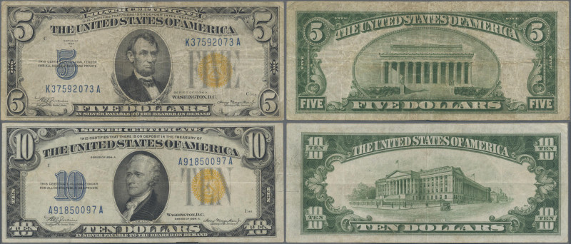 United States of America: Pair with 5 and 10 Dollars, series 1934A with yellow s...