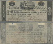 United States of America: Bank of Hudson – New York 5 Dollars 1817 Obsolete Currency, P.NL, remnants of tape on back, soft vertical bend at center, Co...