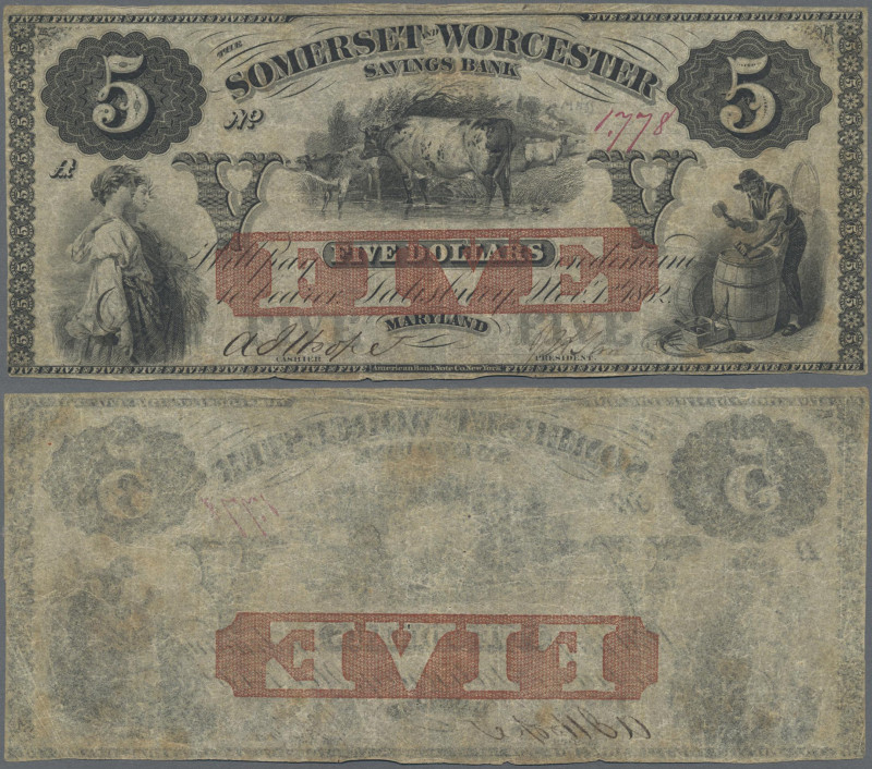 United States of America: The Somerset and Worcester Savings Bank 5 Dollars 1862...