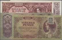 Hungary: Giant lot with 350 banknotes in bundles, comprising 100 pcs. 100 Pengö 1930 (P.98, F/F+), 100 pcs. 10.000 Pengö 1945 (P.119, F to VF), 100 pc...