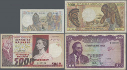 Alle Welt: Lot with 10 banknotes from all over the world, comprising Madagascar 5000 Ariary ND(1974) (P.66, VF with pinholes), Kenya 100 Shillings 196...