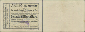 Deutschland - Notgeld - Württemberg: Giengen, Ueberlandwerke Heuchlingen - Bachhagel, 20 Mio. Mark, 19.10.1923 (Tag und Monat gestempelt), Scheck auf ...