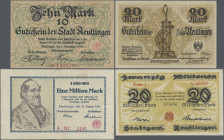 Deutschland - Notgeld - Württemberg: Reutlingen, Stadt, 10 (4), 20 (5) Mark, 1918, jeweils ein Schein unentwertet, 100 Tsd. (6), 1/2 Million Mark (8),...