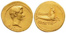 Avgvstvs 27 avant  J.-C. - 14 après  J.-C. 
Aureus, Éphèse ou Pergamum, 19-18 avant J.-C., AU 7.8 g.
Avers : AVGVS(TVS) Tête nue d'Augustus à droite...