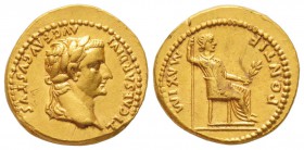 Tiberius 14-37 après J.-C.
Aureus, Gaule, Lugdunum (Lyon), 14-17 après J.-C., AU 7.75 g.
Avers : TI CAESAR DIVI - AVG F AVGVSTVS Tête laurée de Tibè...