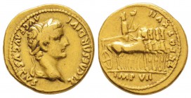 Tiberius 14-37 après J.-C.
Aureus, Lugdunum, 15-16 après J.-C., AU 7.6 g.
Avers : TI CAESAR DIVI - AVG F AVGVSTVS Tête laurée de Tibère à droite.
R...