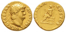 Nero 54-68 après  J.-C. 
Aureus, Rome, 65-68, AU 7.32 g.
Avers : NERO CAESAR AVGVSTVS Tête laurée de Néron à droite.
Revers : IVPPITER CVSTOS Jupit...