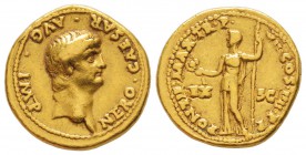 Nero 54-68 après  J.-C. 
Aureus, Rome ou Lugdunum, 60-61, AU 7.44 g.
Avers : NERO CAESAR AVG IMP Tête nue de Néron à droite.
Revers : PONTIF MAX TR...
