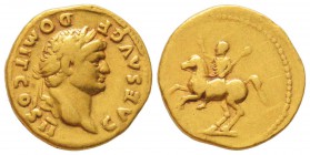 Domitianus 81-96
Aureus, Rome, 73, AU 7.1 g.
Avers : CAES AVG F DOMIT COS II Tête laurée de Domitianus à droite.
Revers : Domitianus au galop à gau...