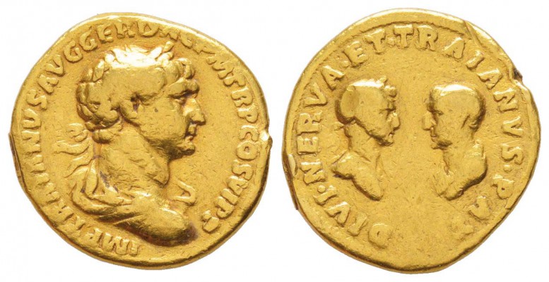 pour Traianus Pater et Nerva
Aureus, Rome, 112-117, AU 6.85 g.
Avers : IMP TRA...