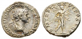 Traianus 98-117
Denarius, Rome, 114-117, AG 3.41 g.
Avers : IMP CAES NER TRAIANO OPTIMO AVG GER DAC Tête laurée à droite.
Revers : P M TR P COS VI ...