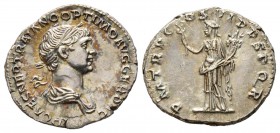 Traianus 98-117
Denarius, Rome, 114-117, AG 3.36 g.
Avers : IMP CAES NER TRAIANO OPTIMO AVG GER DAC Tête laurée à droite.
Revers : P M TR P COS VI ...