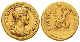 Hadrianus 117-138
Aureus, Rome, 119-122, AU 7.05 g.
Avers : IMP CAESAR TRAIAN HADRIANVS AVG Buste lauré, drapé et cuirassé à droite.
Revers : P M T...