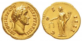 Antoninus Pius 138-161
Aureus, Rome, 148-149, AU 7.2 g.
Avers : ANTONINVS AVG PIVS P P TR P XII Tête laurée d' Antoninus Pius à droite.
Revers : CO...