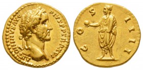 Antoninus Pius 138-161
Aureus, Rome, 152-153, AU 7.31 g.
Avers : ANTONINVS  AVG PIVS P P TR P XVI. Buste lauré à droite.
Revers : COS IIII. Antonin...