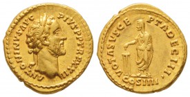 Antoninus Pius 138-161
Aureus, Rome, 158-159, AU 7.26 g.
Avers : ANTONINVS  AVG PIVS P P TR P XXII. Tête laurée à droite.
Revers : VOTA SVSCEPTA DE...