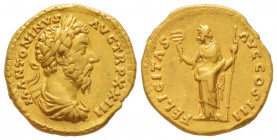 Marcus Aurelius 161-180
Aureus, Rome, 168-169, AU 7.22 g.
Avers : M ANTONINVS - AVG TR P XXIII Buste lauré, drapé et cuirassé de Marc Aurèle à droit...