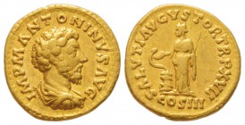 Marcus Aurelius 161-180
Aureus, Rome, 162-163, AU 7.12 g.
Avers : IMP M ANTONINVS AVG Buste nu et drapé de Marc Aurèle à droite.
Revers : SALVTI AV...