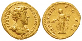 Marcus Aurelius 161-180
Aureus, Rome, 158-159, AU 7.22 g.
Avers : AVRELIVS CAES ANTON AVG P II F Buste drapé et cuirassé de Marc Aurèle à droite.
R...