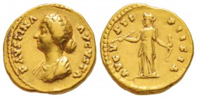 Marcus Aurelius pour Faustina II, Augusta 147-176
Aureus, Rome, 138-161, AU 7.16 g.
Avers : FAVSTINA AVGVTSA Buste drapé de Faustine  Jeune à gauche...